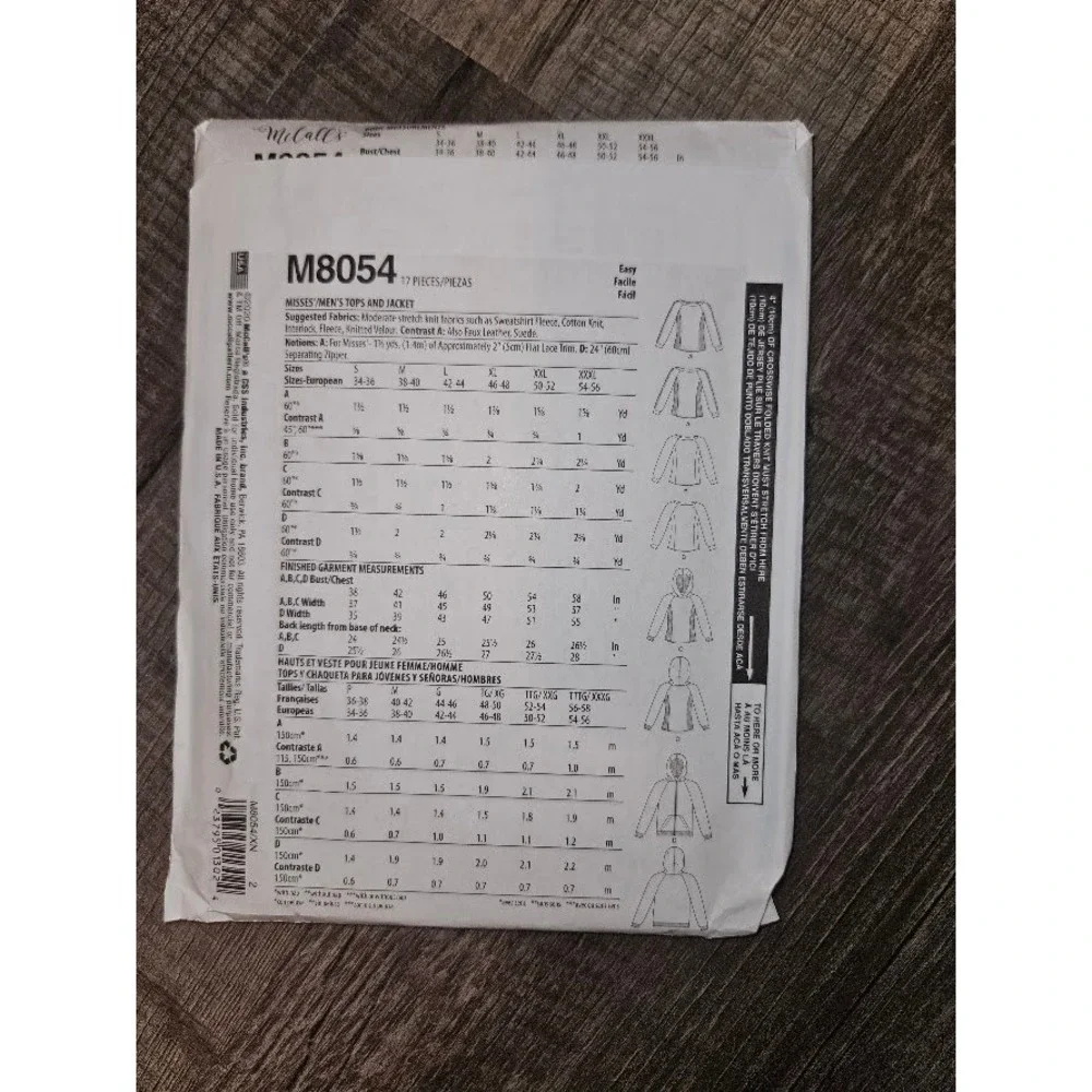 McCalls M8054 Sewing Pattern Misses Mens Tops Jacket Hoodie Uncut Size XL-XXXL